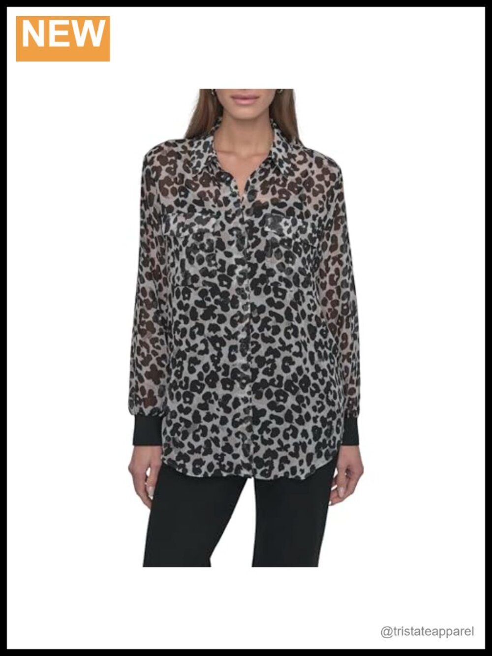 Long Sleeve Button Down Crinkle Chiffon Blouse Animal Print